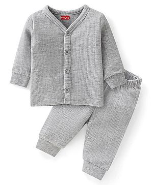 Babyhug Full Sleeves Front Open Thermal Inner Wear Set Solid Colour - Light Grey