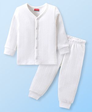 Babyhug Cotton Full Sleeves Thermal Vest and Pant Set Solid - Off White
