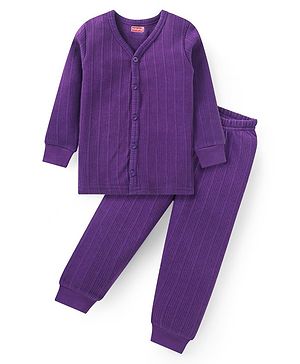 Babyhug Full Sleeves Front Open  Thermal Vest & Pant Set Solid Colour - Purple