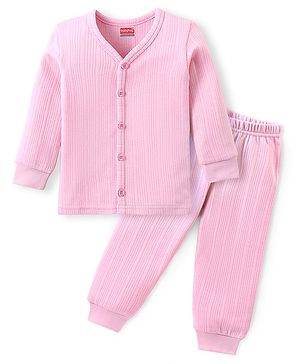 Babyhug Cotton Full Sleeves Thermal Vest and Pant Set Solid - Pink