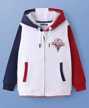 Pine Kids Cotton Knit Full Sleeves Front Open Hooded Sweatjacket With Ball Design - White