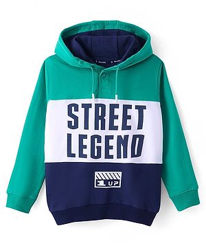 Pine Kids Cotton Full Sleeves Hooded Sweatshirt with Text Print - Sea Green