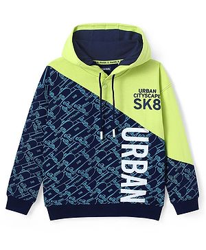 Pine Kids Cotton Knit Full Sleeves Hooded Sweatshirt With Abstract & Text Print- Blue & Neon Green