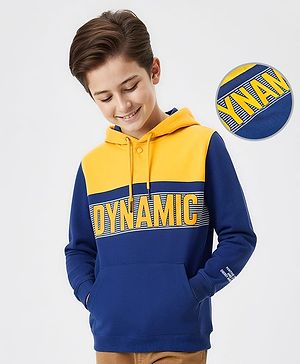 Pine Kids Cotton Knit Full Sleeves Hooded Sweatshirt with Cut & Sew Design & Text Print - Yellow & Navy Blue