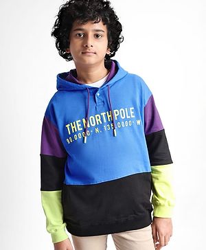 Pine Kids Cotton Knit Full Sleeves Text Printed Colour Block Hooded Sweatshirt - Blue