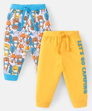 Babyhug Cotton Knit Full Length Lounge Pants With  Bear Print Pack Of 2 - Light Blue & Yellow