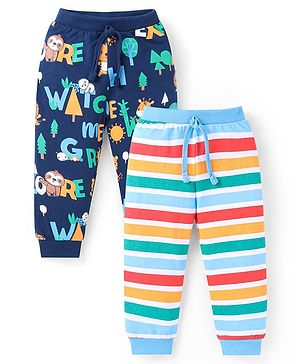 Babyhug Cotton Knit Full Length Text Printed Lounge Pants Pack of 2 - Navy Blue & Light Blue