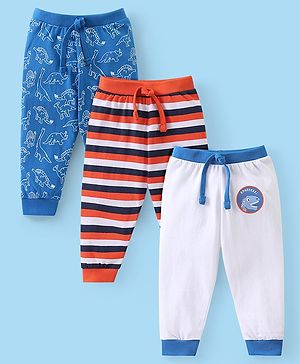 Babyhug Cotton Knit Full Length Striped  Lounge Pants with Dino Print Pack of 3 - Multicolour