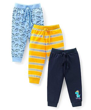 Babyhug Cotton Knit Full Length Lounge Pants With Stripes & Dinosaurs Print Pack Of 3 - Blue Yellow & Navy