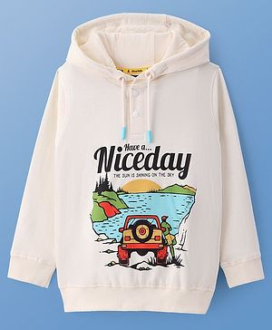 Pine Kids Cotton Knit Full Sleeves Hooded Sweat Shirt With Car Print - White