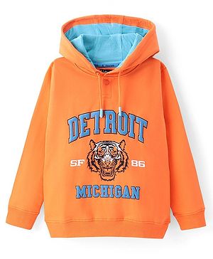 Pine Kids Cotton Knit Full Sleeves Hooded Sweatshirt  with Tiger Design - Orange