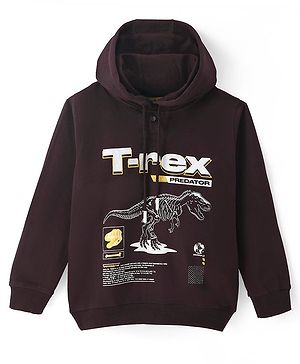 Pine Kids Cotton Knit Full Sleeves Hooded Sweatshirt with Dino Print - Brown