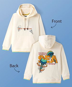 Pine Kids Cotton Knit Full Sleeves Hooded Sweatshirt with Front Back Jellyfish Print & Kangaroo Pockets - Off White
