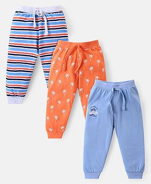 Babyhug Cotton Full Length Striped  Lounge Pants with Palm Tree Print Pack of 3 -  Blue & Orange