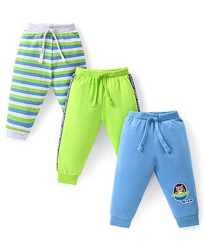Babyhug Cotton Knit Full Length Lounge Pants with Stripes & Bear Print Pack of 3 - Green & Blue