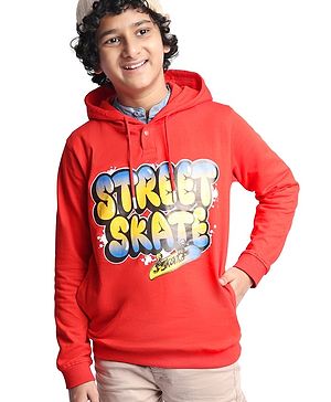 Pine Kids Cotton Knitted Full Sleeves Hooded Sweatshirt With Text Print - Red