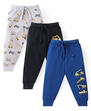 Babyhug Cotton Knit Full Length Lounge Pants with Vehicle Print Pack of 3 - Multicolour