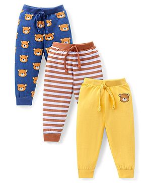 Babyhug Cotton Knit Full Length Lounge Pants With Stripes & Teddy Print Pack Of 3 - Blue Brown & Yellow