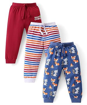 Babyhug Cotton Knit Full Length Lounge Pants with Stripes & Fox Print Pack of 3 - Maroon Grey & Blue