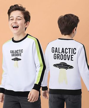 Pine Kids Cotton Knit Full Sleeves Sweatshirt with Stripes & Space Theme Print - White