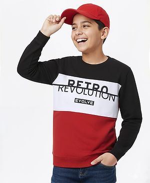 Pine Kids Knit Full Sleeves Sweatshirt Text Print - Red & Black