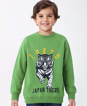 Pine Kids Cotton Full Sleeves Sweatshirt Tiger & Text Print - Green