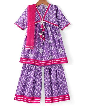 Teentaare Cotton Half Sleeves Kurta & Gharara Set with Dupatta Floral Print & Tassle Detailing - Pink & Purple