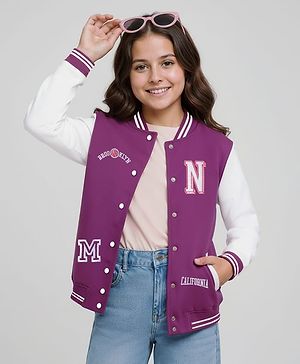 Pine Kids Cotton Knit Full Sleeves Bomber Jacket With Text Embroidery - Purple & White
