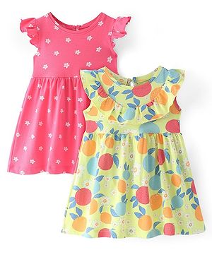 Babyhug Cotton Knit Cap Sleeves Frock with Floral Print Pack of 2 - Multicolour