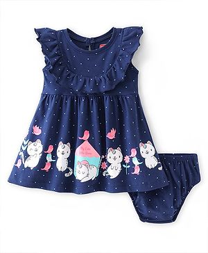 Babyhug Single Jersey Knit Frill Sleeves Frock with Bloomer Polka Dot Print - Navy Blue