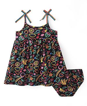 Babyhug Single Jersey Sleeveless Frock with Bloomer & Fruit Print - Navy Blue
