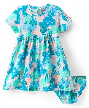 Babyhug Cotton Knit Half Sleeves Frock with Bloomer Tropical Print - Multicolour