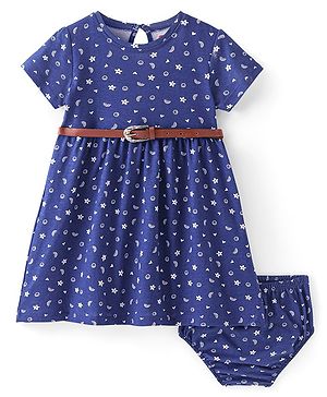 Babyhug Single Jersey Knit Half Sleeves Frock with Bloomer & Belt Floral Print - Purple