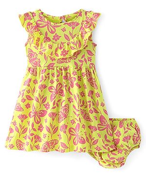Babyhug Cotton Knit Half Sleeves Frock with Bloomer Frill Detailing & Floral Print - Yellow