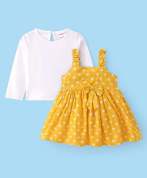 Babyhug Rayon Woven Frock Polka Dot With Full Sleeves Solid T-Shirt - Yellow & White