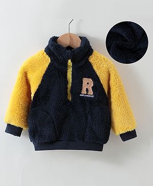 Kookie Kids Full Raglan Sleeves Text Patched Winter Wear T-Shirt - Navy & Yellow