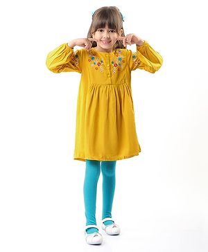 Babyhug Rayon Knit Full Peasant  Sleeves Floral Embroidered Frock with Bootie Leggings - Yellow & Light Blue