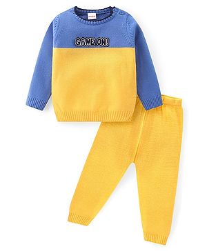 Babyhug Knitted Full Sleeves Sweater Set with Colour Block Design & Patch Work Detailing - Yellow & Blue
