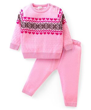 Babyhug Knitted Full Sleeves Pullover Sweater Set with Intarsia Design- Light Pink