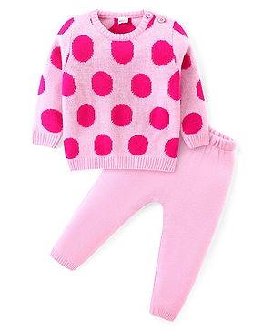 Babyhug Knitted Full Sleeves Pullover Sweater Set Polka Dot - Pink