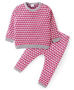 Babyhug Knit Full Sleeves Sweater Set With Argyle Design - Red