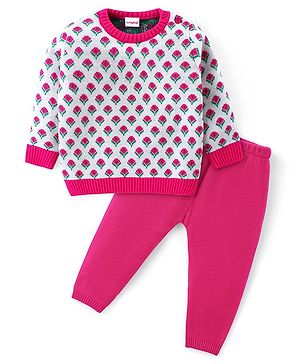 Babyhug Knit Full Sleeves Sweater Set with Floral Design - White & Pink