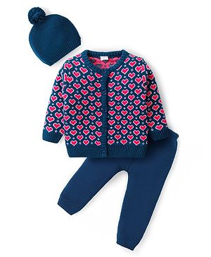 Babyhug Knitted Full Sleeves Front Open Sweater Set with Cap & Hearts Design - Navy Blue