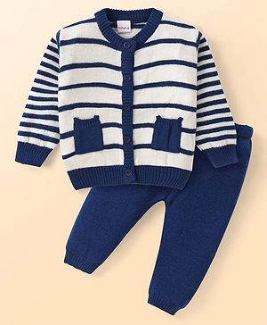 Babyhug Knitted Full Sleeves Striped Front Open Sweater Set with Pocket - Navy Blue & White