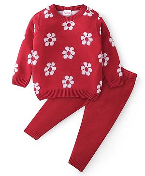 Babyhug Knit Full Sleeves Sweater Set With Floral Design - Red