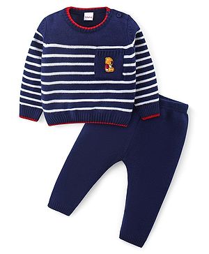 Babyhug Knitted Full Sleeves Striped Pullover Sweater Set - Navy Blue