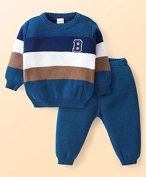 Babyhug Knitted Full Sleeves Striped Pullover Sweater Set - Navy Blue