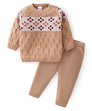 Babyhug Knitted Full Sleeves Cable Knit Designed Pullover Sweater Set - Beige