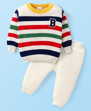 Babyhug Knitted  Full Sleeves Pullover Striped Sweater Set - White Red & Green