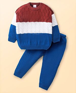 Babyhug Knitted Full Sleeves Pullover Sweater Set with Colour Block Design - Navy Blue